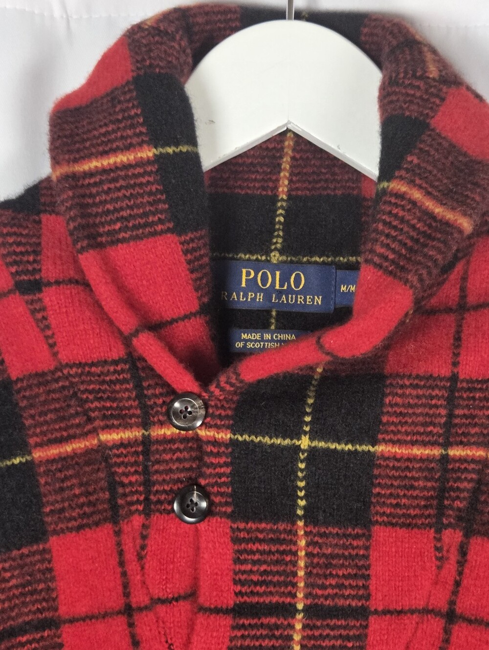 Polo Ralph Lauren Men’s M Red Black Plaid Lambs Wool Shawl Collar Sweater - Picture 2 of 7